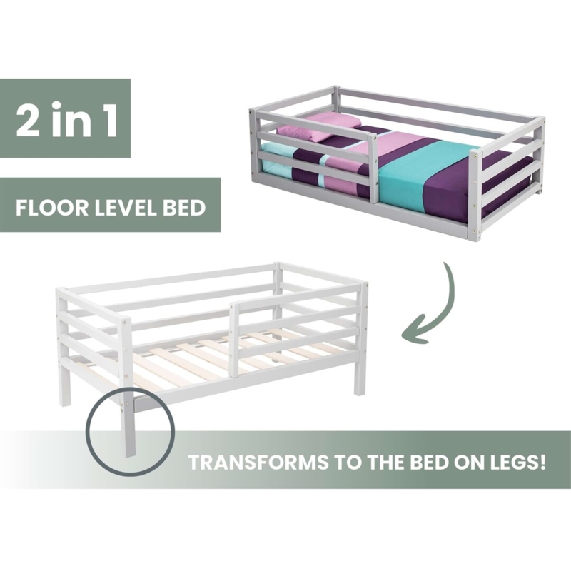 House Bed Floor Bed Design with Safety Rails in Natural Wood