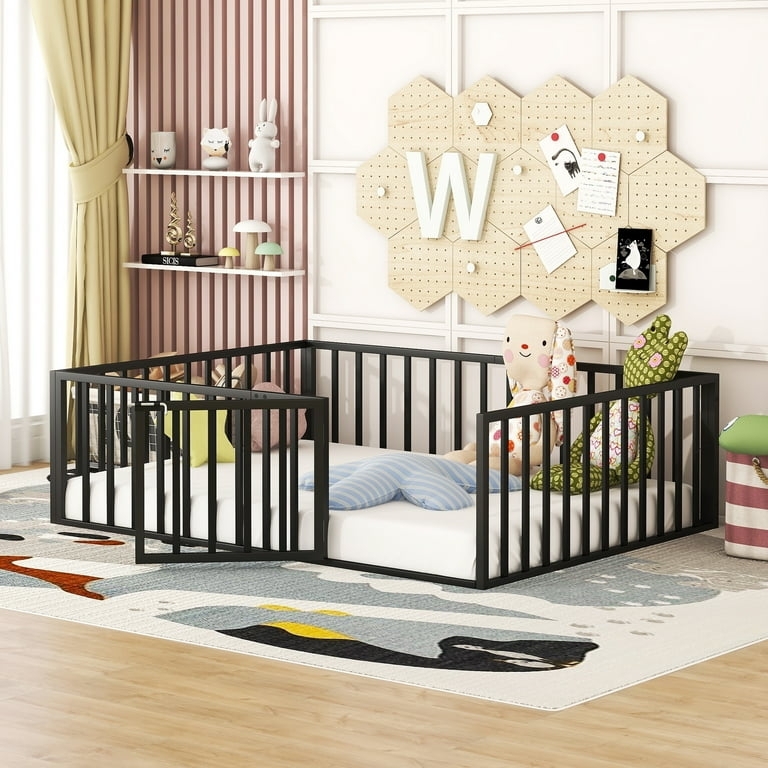 House Bed Frame with Fence Guardrail, Black Metal Montessori Design
