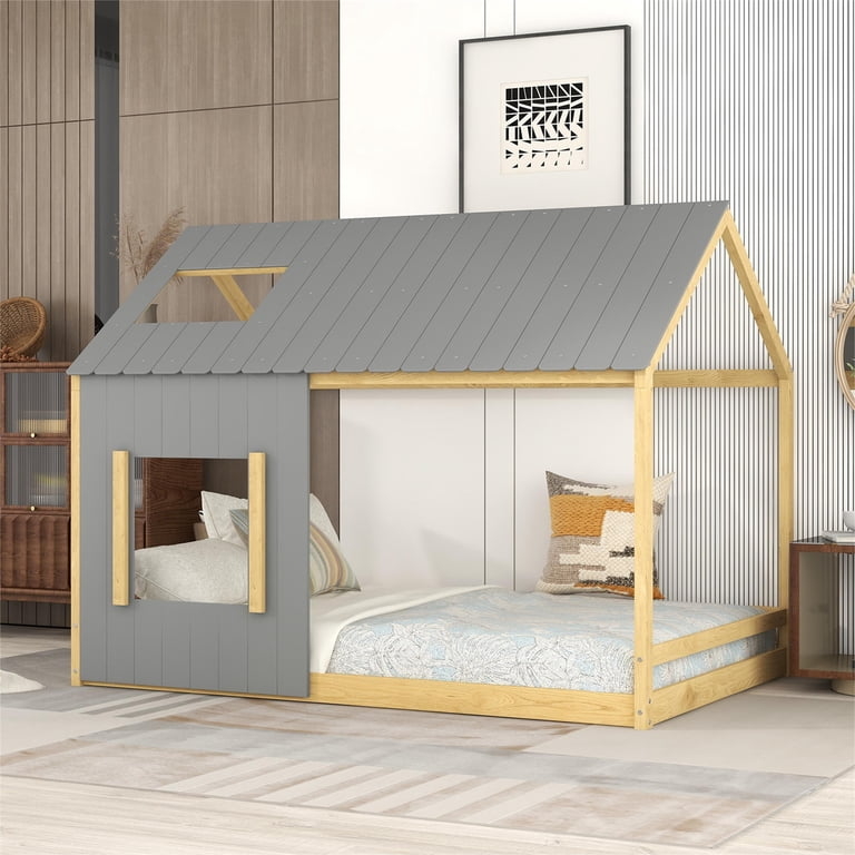 House Bed with Window Panel, Two-Tone Natural Wood and Grey Finish