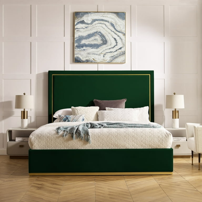 Hunter Green Velvet Platform Bed Channel Tufted Gold Base