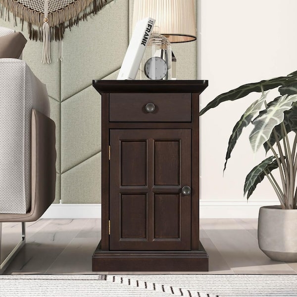IDEAGLE 24 in. Walnut Rectangle Wood End Table with USB Ports and 1-Drawer  w/Cup Holders Sofa Side Table Nightstand Narrow Table 185778PZTN724P