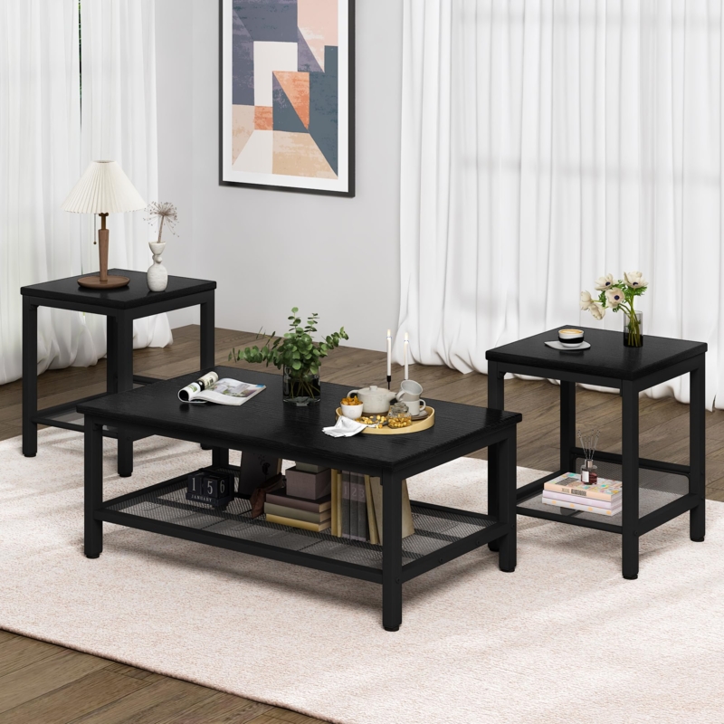 Industrial 3 Piece Table Set, Metal Mesh Shelves, X-Frame Detail