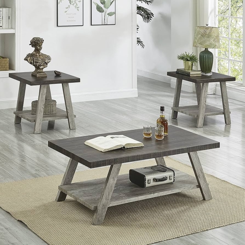 Industrial 3 Piece Table Set Weathered Gray Wood Metal X-Base