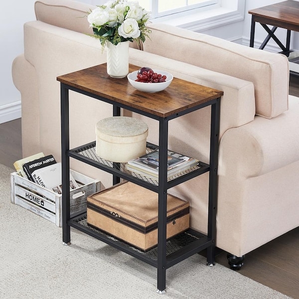Industrial 3 Tier End Table with Slim Metal Frame and Open Shelves.