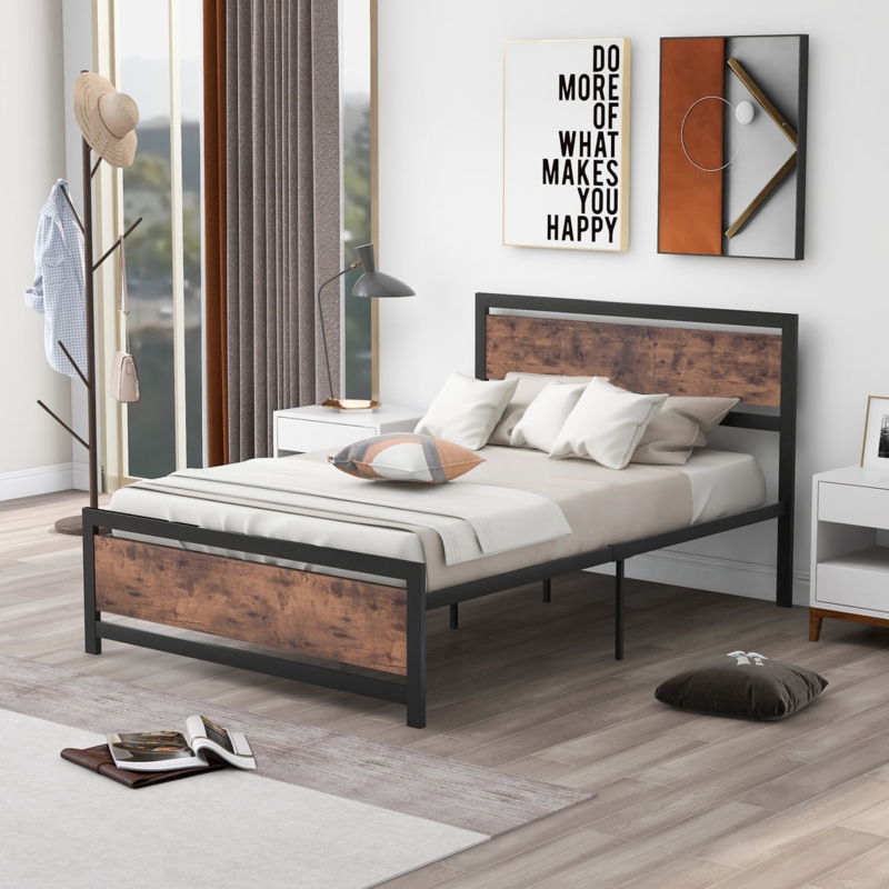 Industrial Bed Frame Black Metal Slats Wood Panel Platform Base
