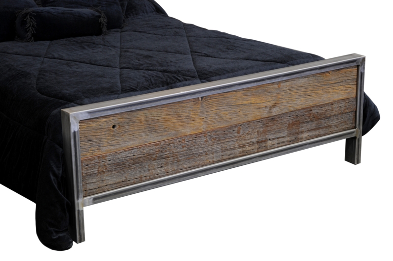 Industrial Bed Frame with Exposed Bolts, Planked Wood & Rustic Finish