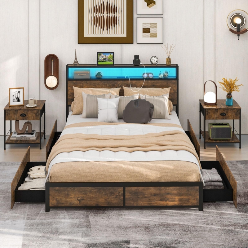Industrial Bed Frame with LED Headboard, Mesh Storage & Charging Station