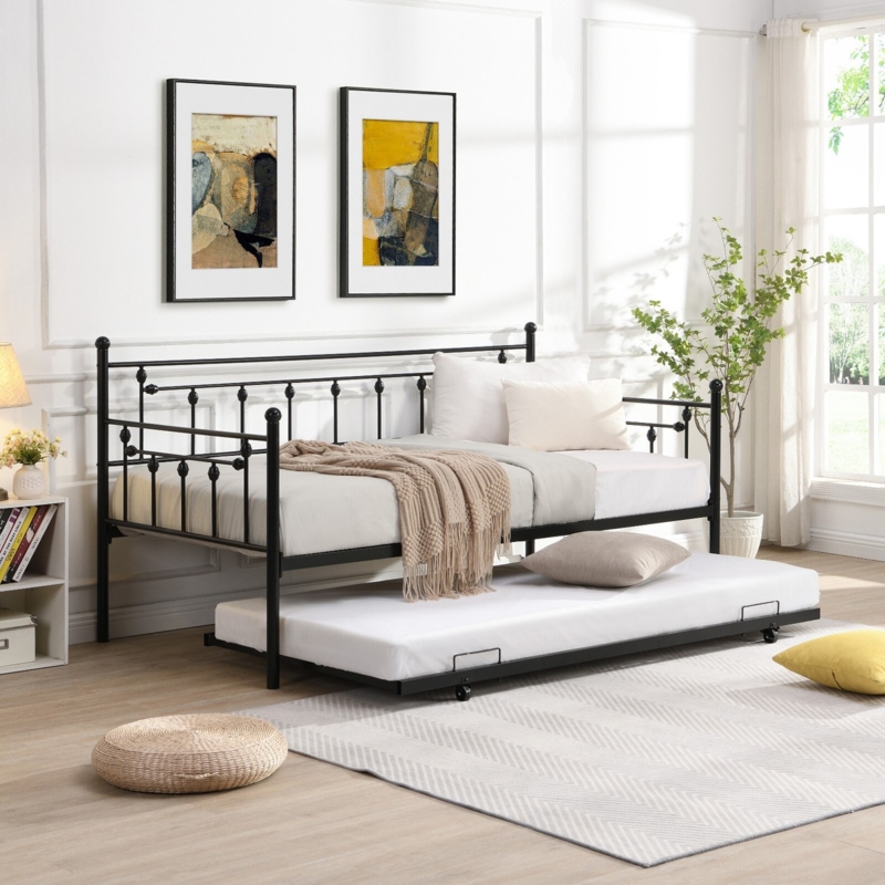 Industrial Black Metal Daybed with Spindle Frame and Trundle