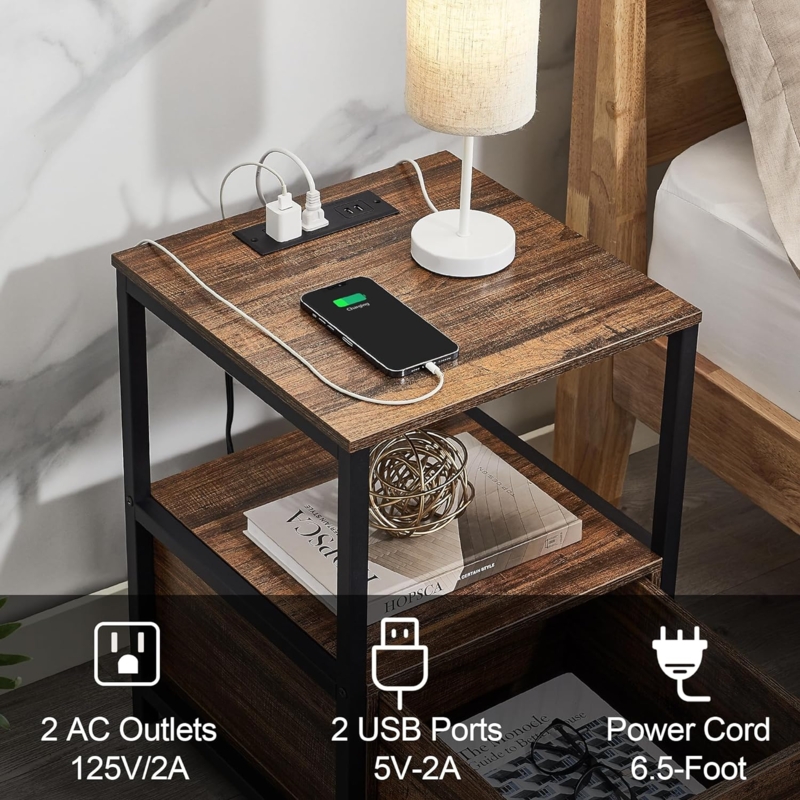 Industrial Black Wood Nightstand with X-Frame Legs and Charging Station