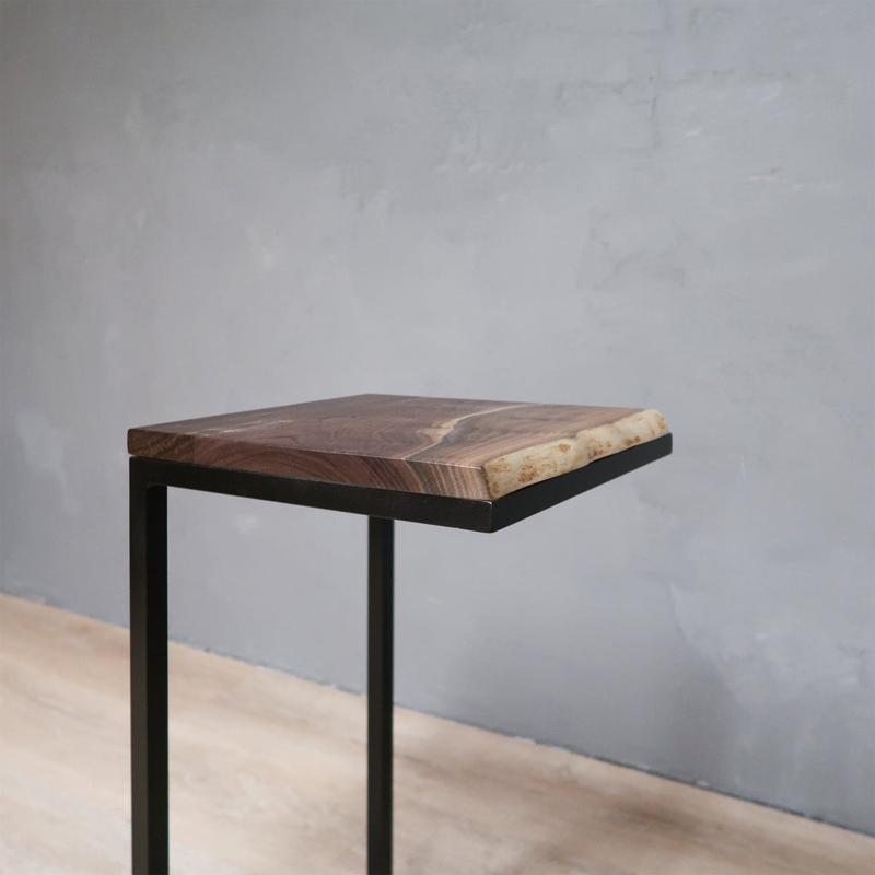 Industrial C-Shape End Table with Live Edge Wood Top