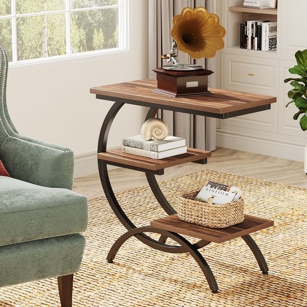 Industrial C-Shaped End Table Three-Tier Shelving for Small Spaces