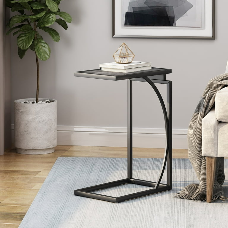 Industrial C-Shaped End Table with Circular Wood Top