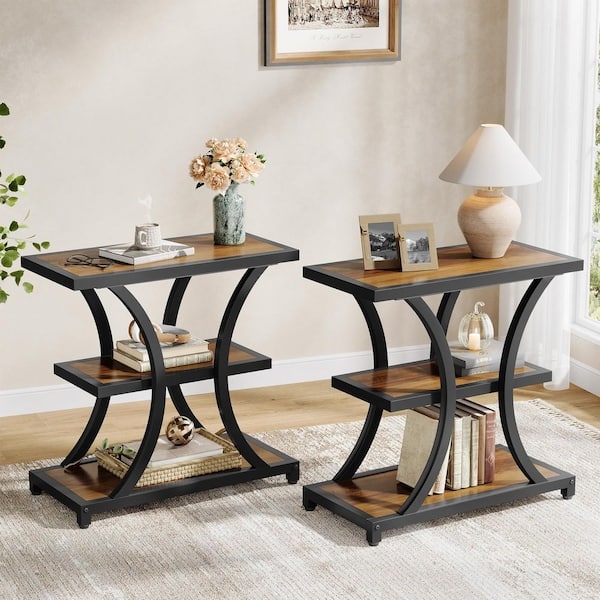 Industrial C-Shaped Side Table with Rolling Casters and Narrow Profile