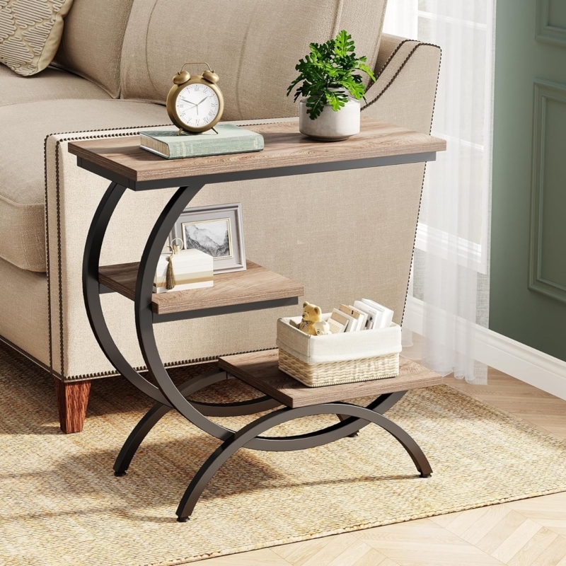 Industrial C-Shaped Side Table with Three-Tier Storage Shelves