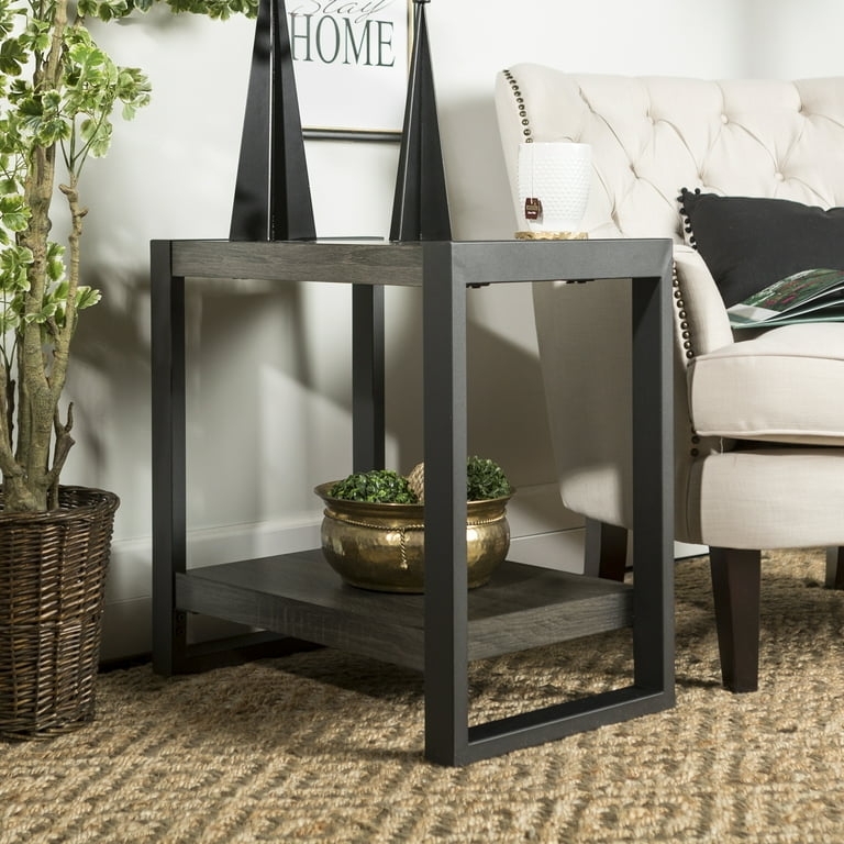 Industrial Charcoal End Table X-Frame Brace Square Top