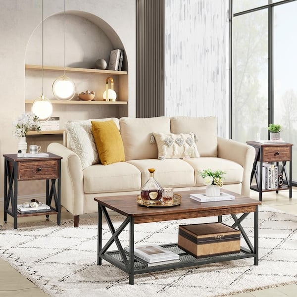 Industrial Coffee Table Set 3-Piece Wood and Metal X-Frame