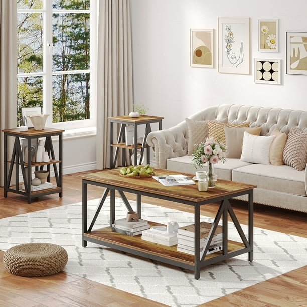 Industrial Coffee Table Set, 3 Piece Wood Grain Top, Black Metal X-Frame