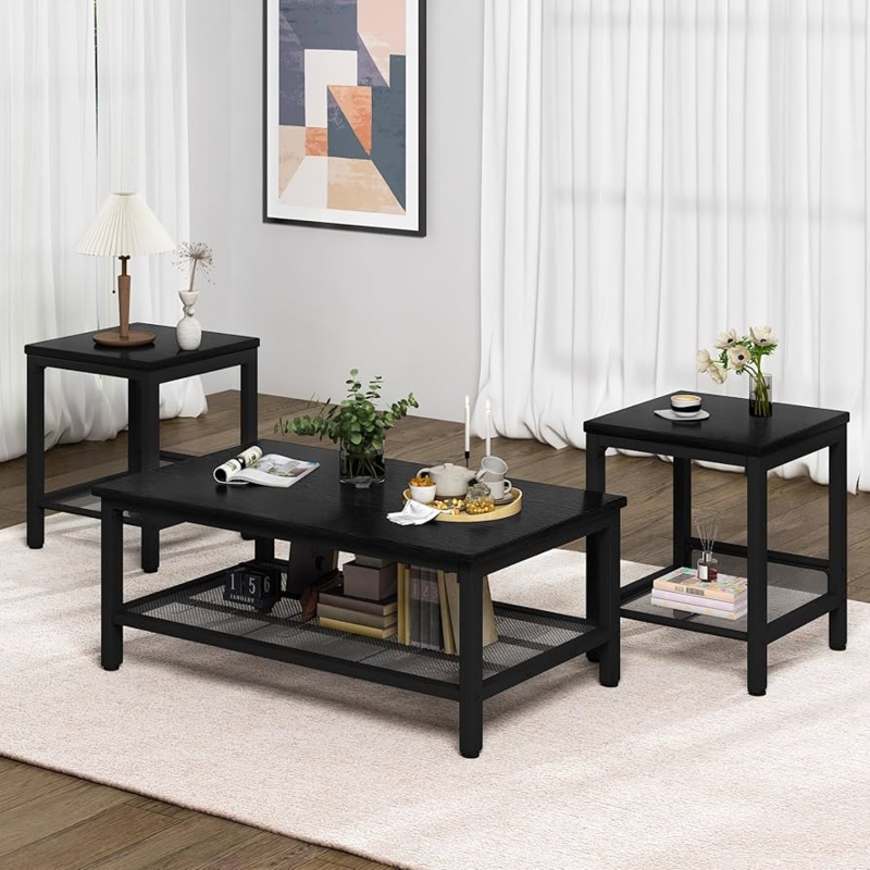 Industrial Coffee Table Set Black Metal Frame Wood Toned Surfaces