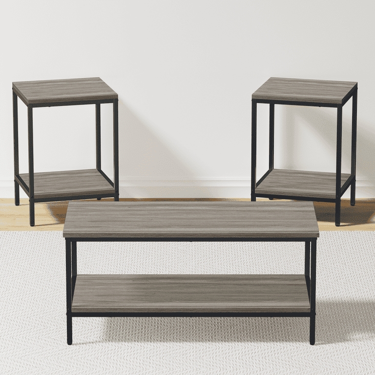 Industrial Coffee Table Set, Gray Stone-Like Top and Metal Frame