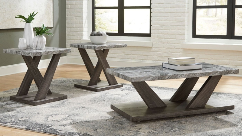 Industrial Coffee Table Set Gray, Stone-Like Top and X-Frame Base
