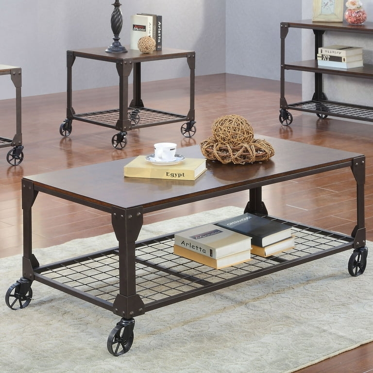 Industrial Coffee Table with Oversized Casters, Metal Brackets & Wood Top
