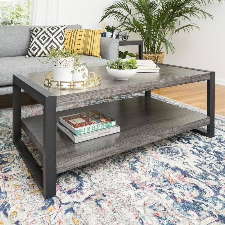Industrial Coffee Table Wood Metal X Frame Sides Shelf