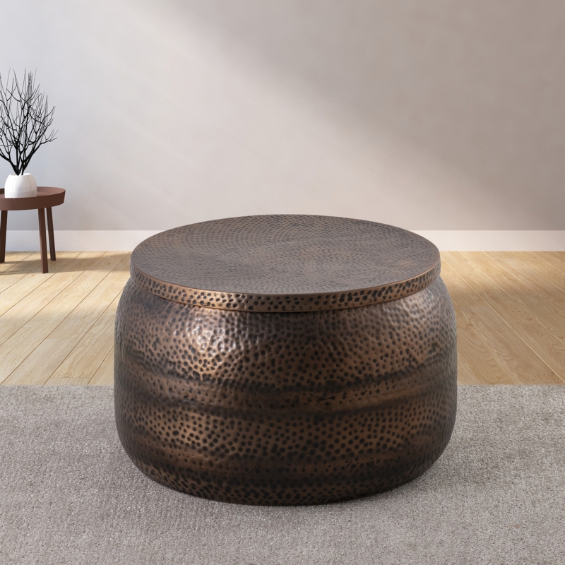Industrial Drum Coffee Table Storage Round Antique Hammered Finish