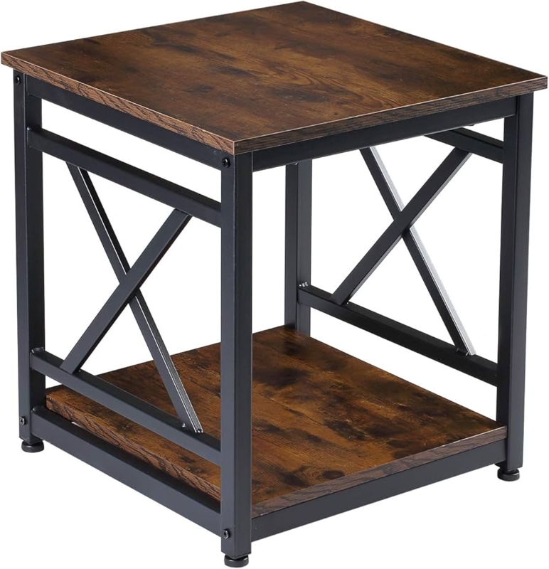 Industrial End Table X-Design Frame Rustic Brown Square Top