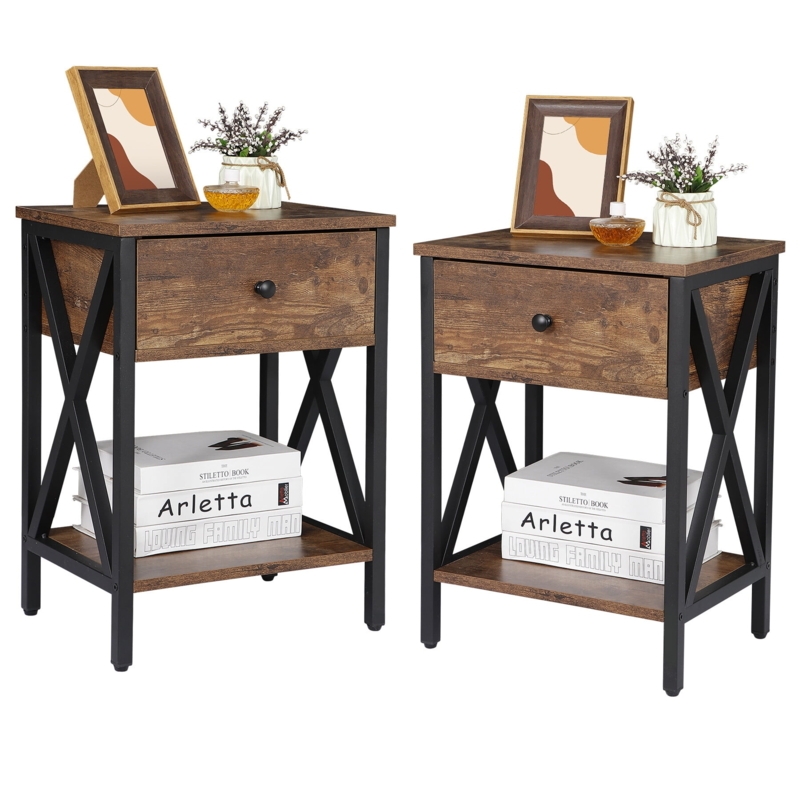 Industrial Farmhouse End Table with Storage Drawer and X-Design Frame