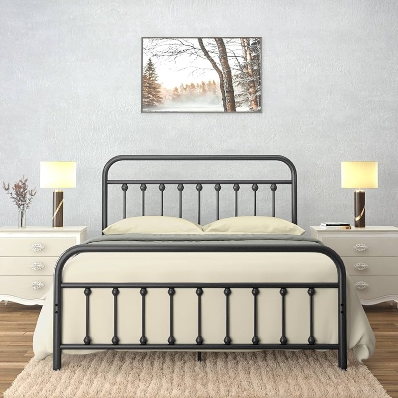 Industrial Farmhouse Platform Bed Matte Black Metal Spindle Design
