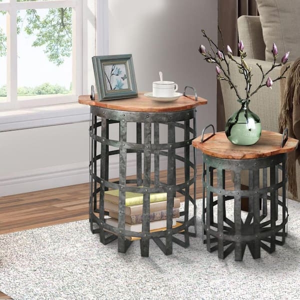 Industrial Galvanized End Table Set Drum Shape Grid Base