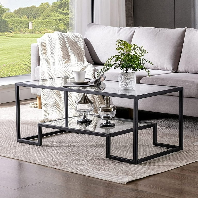 Industrial Glass Coffee Table Black Metal Frame Wood Shelf Tiered