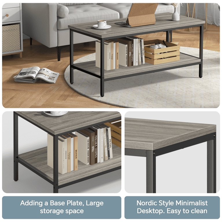 Industrial Gray Coffee Table Set, Black Metal Frame and Mesh Shelf