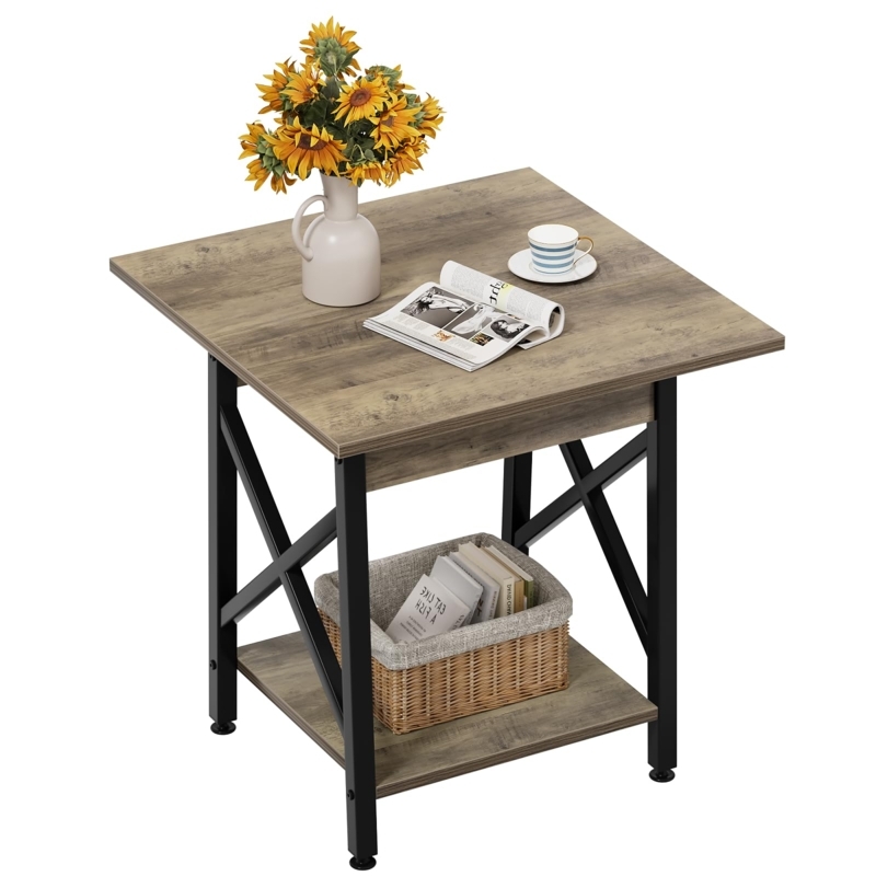 Industrial Grey Wash End Table with X-Frame Legs & Two-Tier Shelves