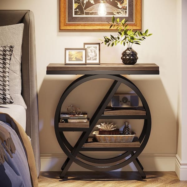 Industrial Grey Wood End Table Geometric Metal Frame Rectangle