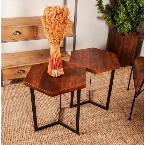 Industrial Hexagonal Nesting End Tables with Black Metal Y-Shaped Bases