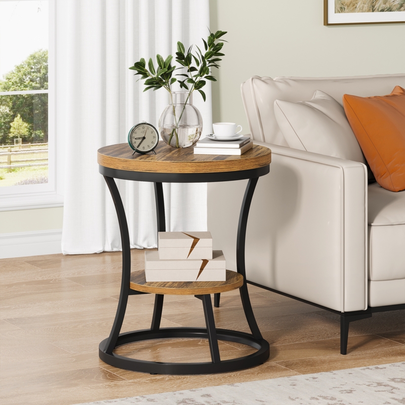 Industrial Hourglass End Table with Two Tier Wood and Black Metal