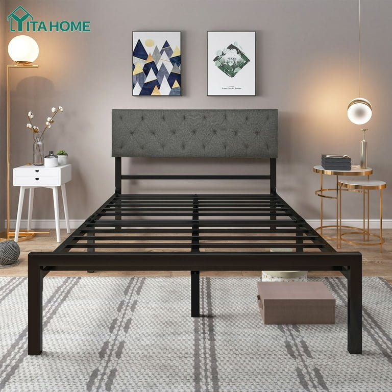 Industrial Iron Platform Bed with Charcoal Upholstered Headboard