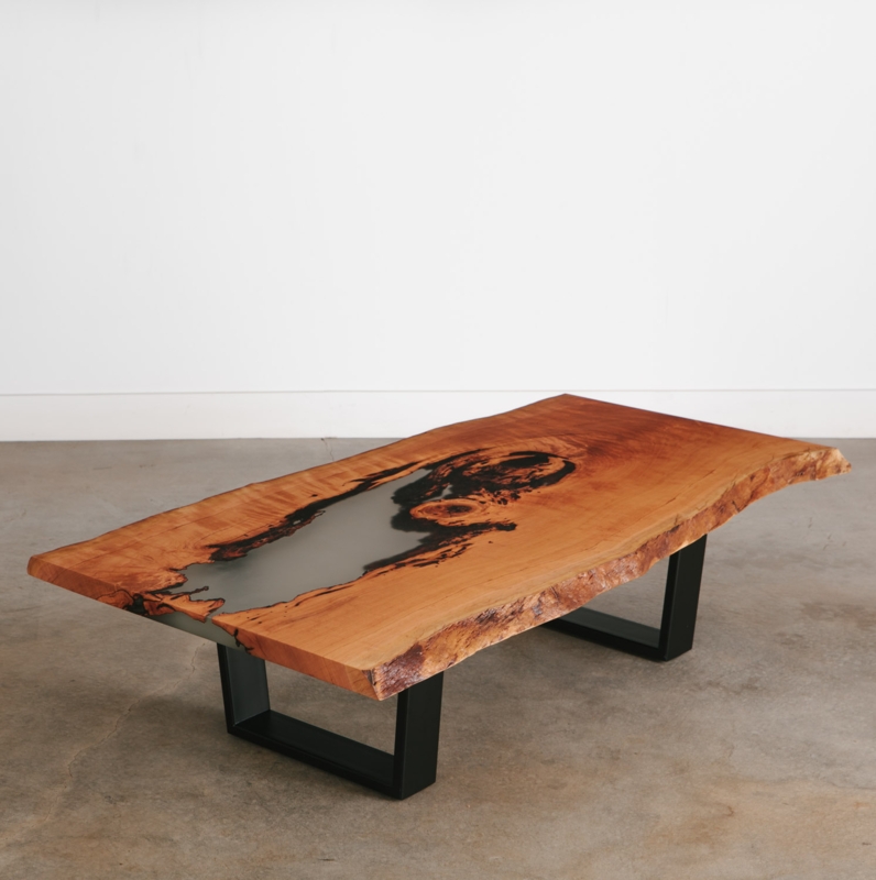 Industrial Live Edge Coffee Table with Metal Trapezoid Base Legs