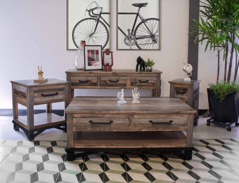 Industrial Living Room Set, Wood Toned Top, Metal Slatted Shelf Base