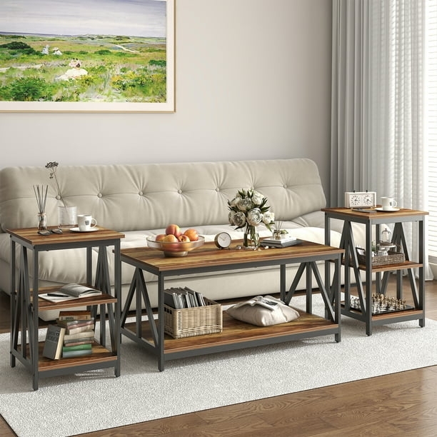 Industrial Living Room Table Set Two Tier Open Shelves X-Cross Detail