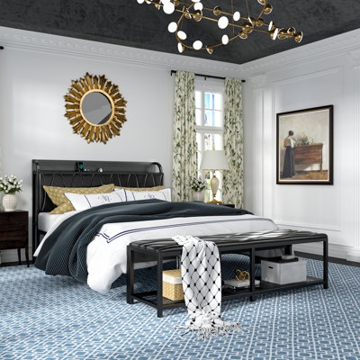 Industrial Metal Bedroom Set Bookcase Headboard USB Bench