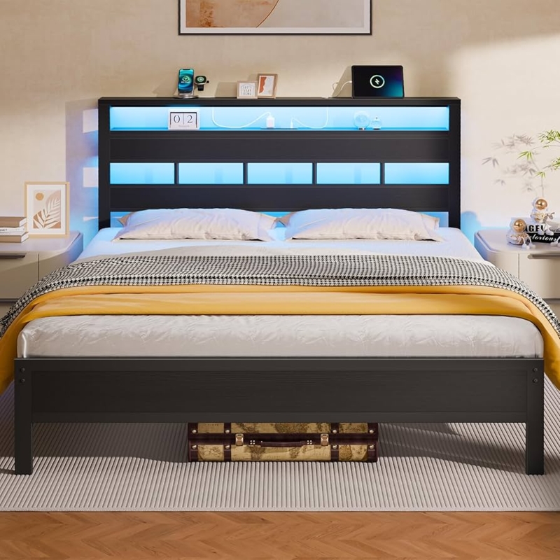 Industrial Metal Platform Bed with Wood Toned Shelves and LED Charging