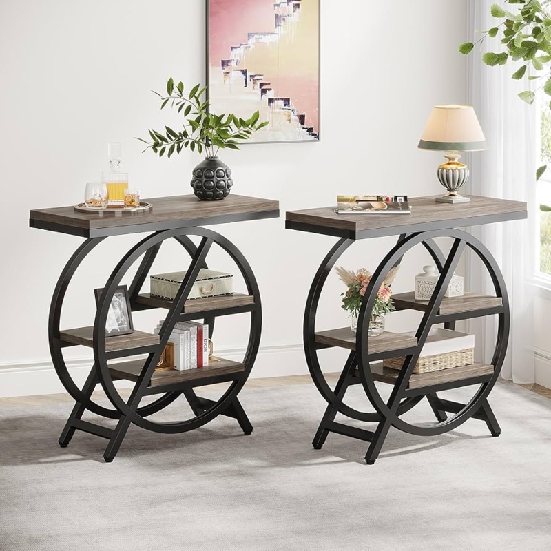 Industrial Narrow Side Table Set of 2 Three-Tier Rustic Brown
