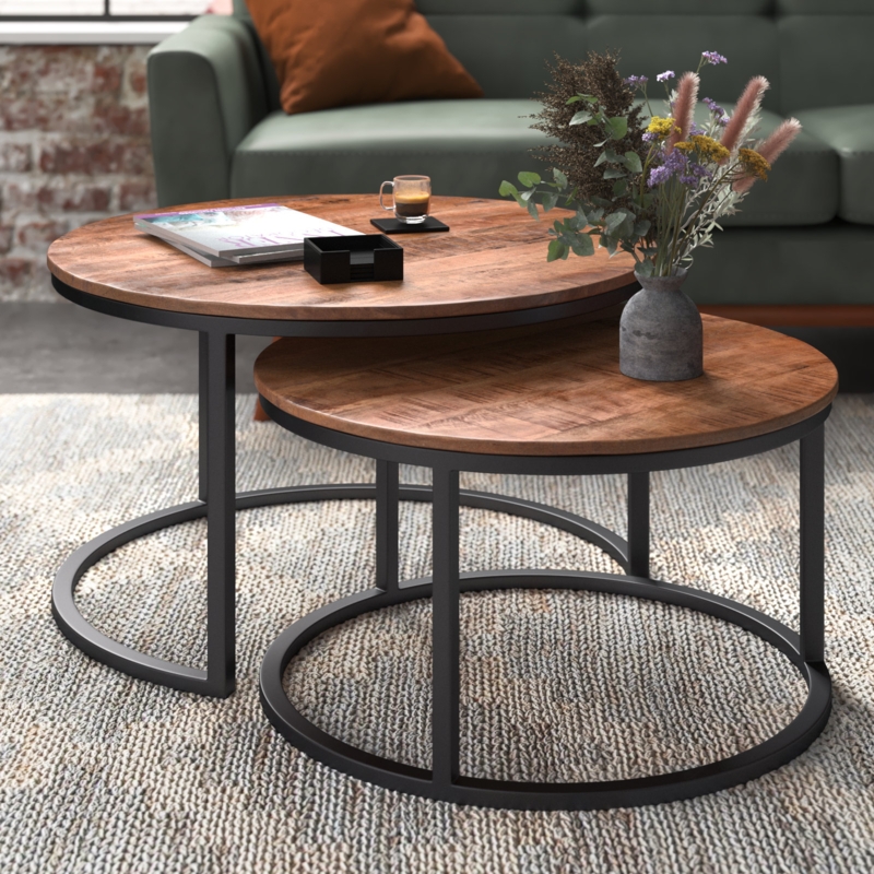 Industrial Nesting Coffee Table Set, Rustic Thick Wood Slabs