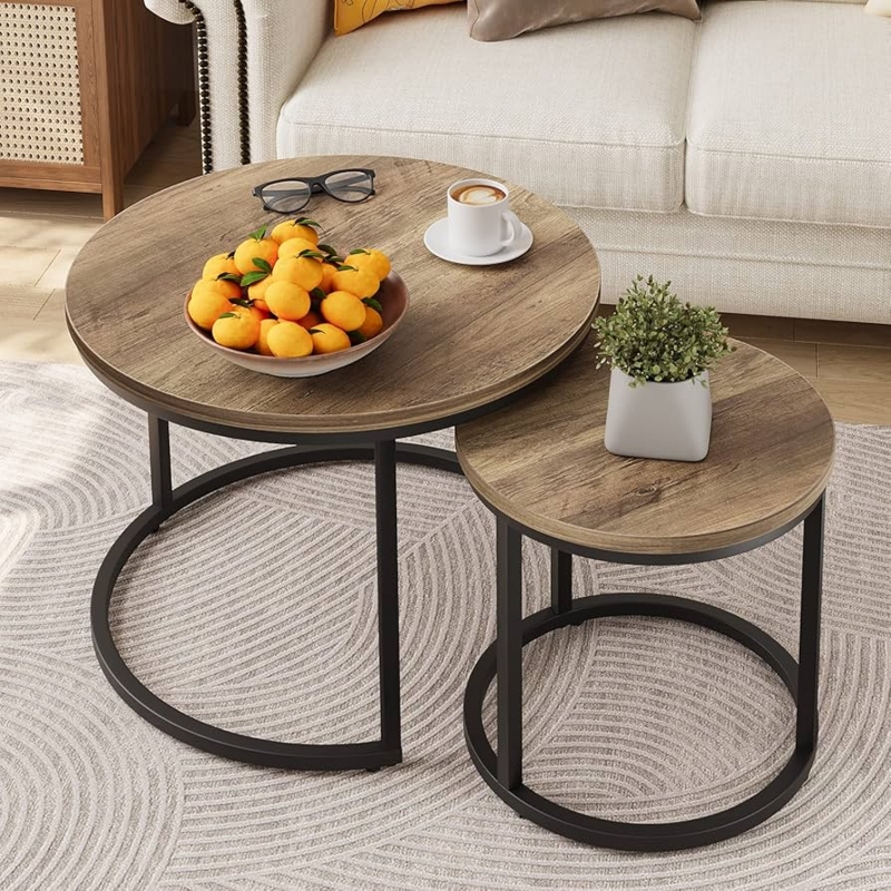 Industrial Nesting Tables, Round Wood Grain Top, Black Metal Ring Base