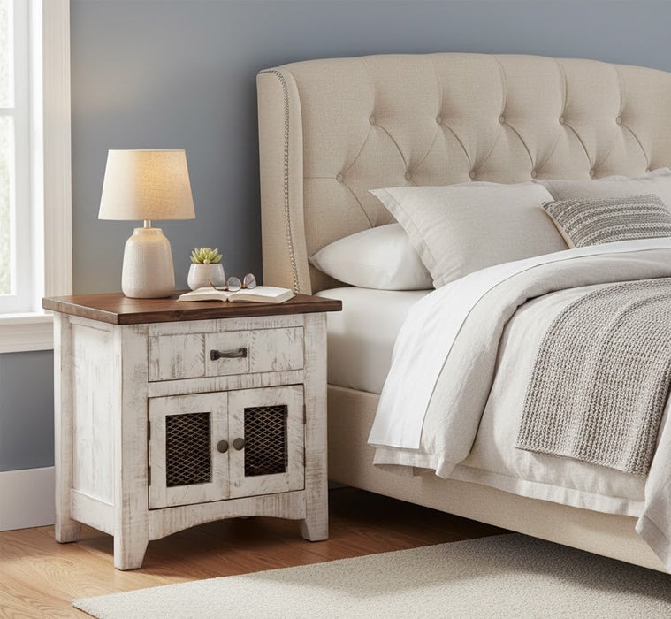 Industrial Nightstand Metal Mesh Doors Distressed White Cabinet