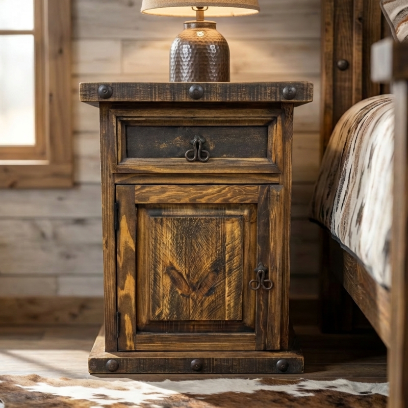 Industrial Nightstand with Black Metal X-Frame Base and Bin Pulls.