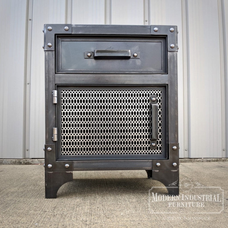 Industrial Nightstand with Metal Corner Guards and Two Drawers
