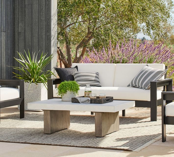 Industrial Outdoor Coffee Table Concrete Top Chunky Wood Base Shelf